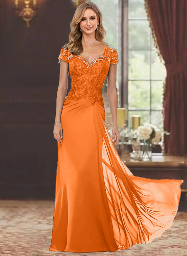 Sheath/Column Sweetheart Short Sleeves Floor-Length Mother of the Bride Dresses with Appliques Lace & Sequins