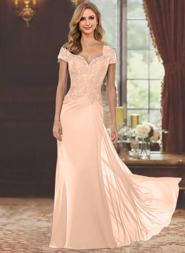 Sheath/Column Sweetheart Short Sleeves Floor-Length Mother of the Bride Dresses with Appliques Lace & Sequins