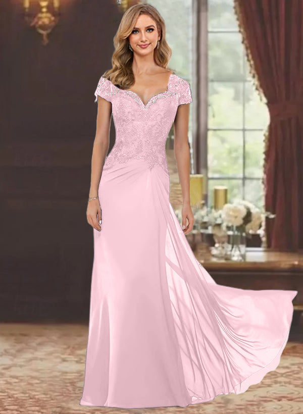 Sheath/Column Sweetheart Short Sleeves Floor-Length Mother of the Bride Dresses with Appliques Lace & Sequins