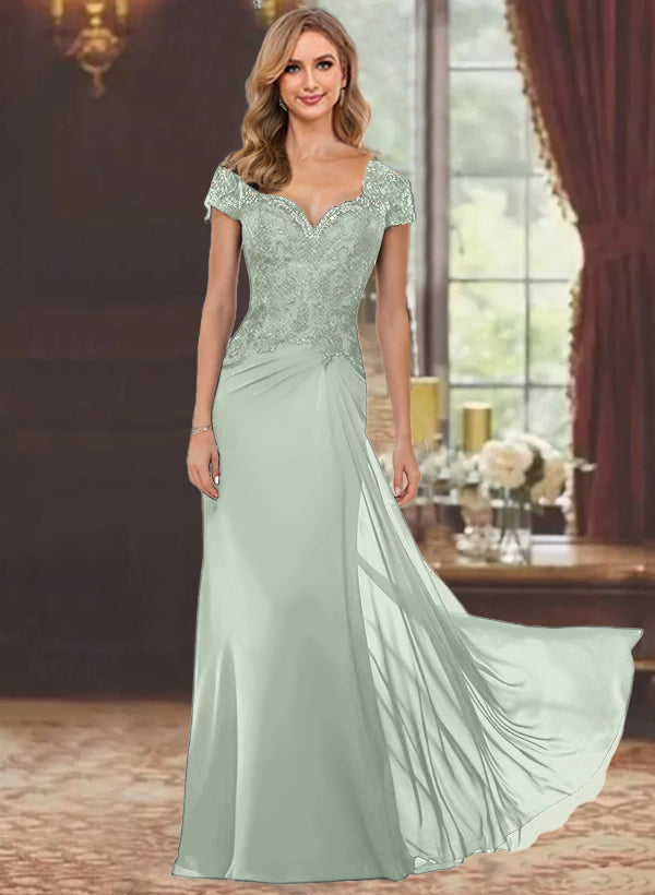 Sheath/Column Sweetheart Short Sleeves Floor-Length Mother of the Bride Dresses with Appliques Lace & Sequins