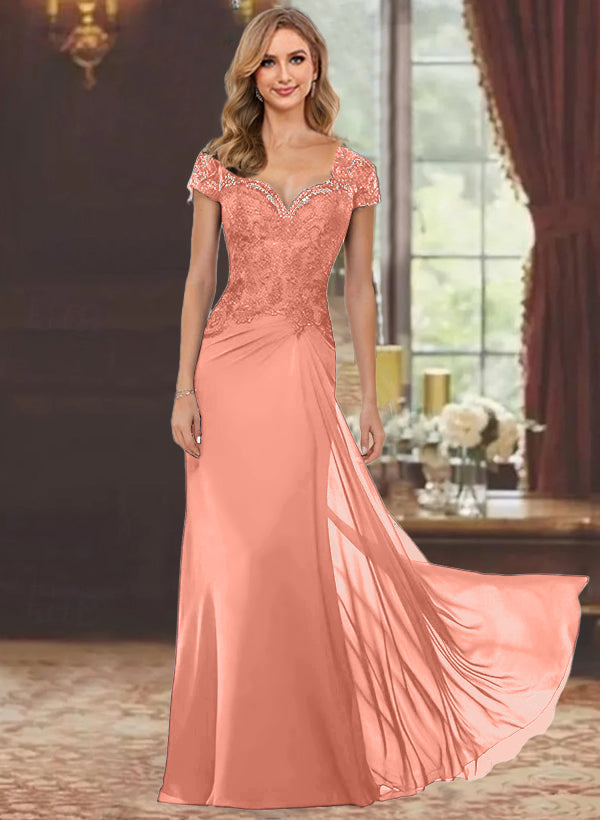 Sheath/Column Sweetheart Short Sleeves Floor-Length Mother of the Bride Dresses with Appliques Lace & Sequins