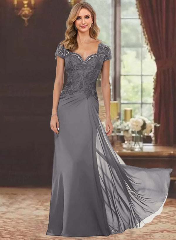 Sheath/Column Sweetheart Short Sleeves Floor-Length Mother of the Bride Dresses with Appliques Lace & Sequins