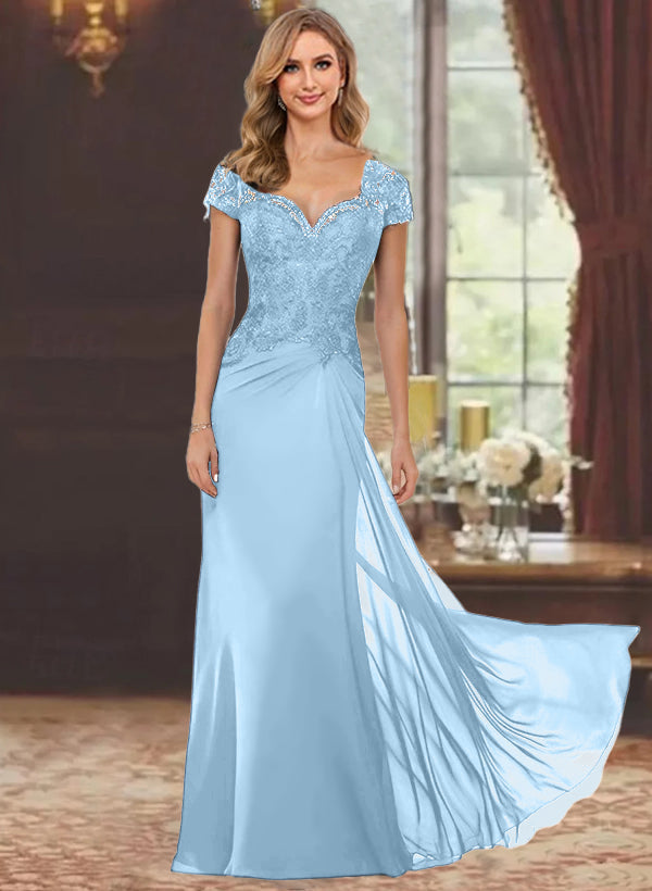 Sheath/Column Sweetheart Short Sleeves Floor-Length Mother of the Bride Dresses with Appliques Lace & Sequins