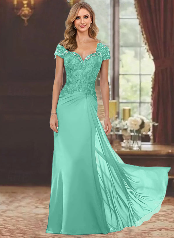 Sheath/Column Sweetheart Short Sleeves Floor-Length Mother of the Bride Dresses with Appliques Lace & Sequins