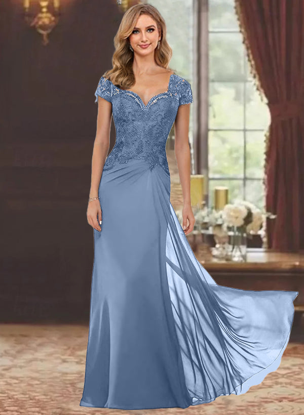 Sheath/Column Sweetheart Short Sleeves Floor-Length Mother of the Bride Dresses with Appliques Lace & Sequins