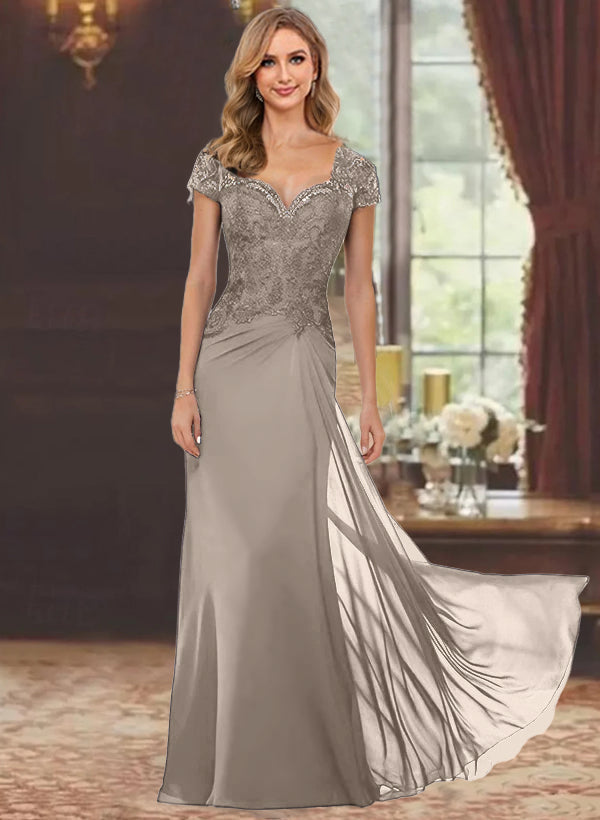 Sheath/Column Sweetheart Short Sleeves Floor-Length Mother of the Bride Dresses with Appliques Lace & Sequins
