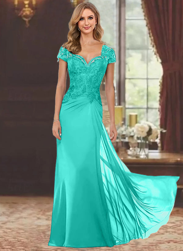 Sheath/Column Sweetheart Short Sleeves Floor-Length Mother of the Bride Dresses with Appliques Lace & Sequins
