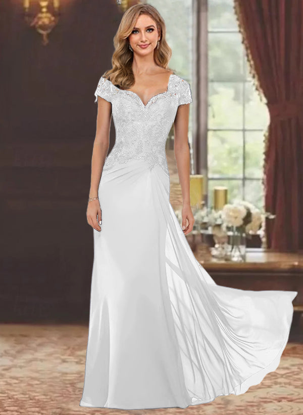 Sheath/Column Sweetheart Short Sleeves Floor-Length Mother of the Bride Dresses with Appliques Lace & Sequins