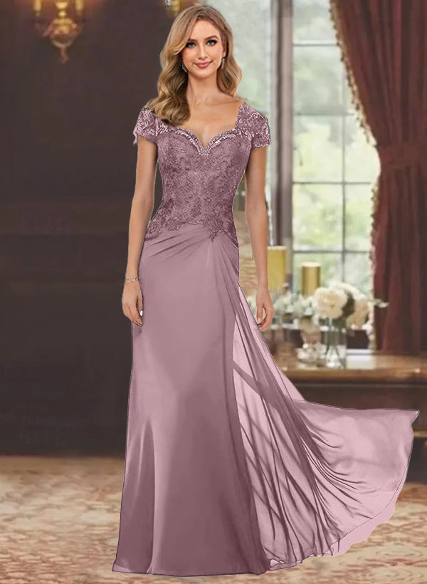 Sheath/Column Sweetheart Short Sleeves Floor-Length Mother of the Bride Dresses with Appliques Lace & Sequins