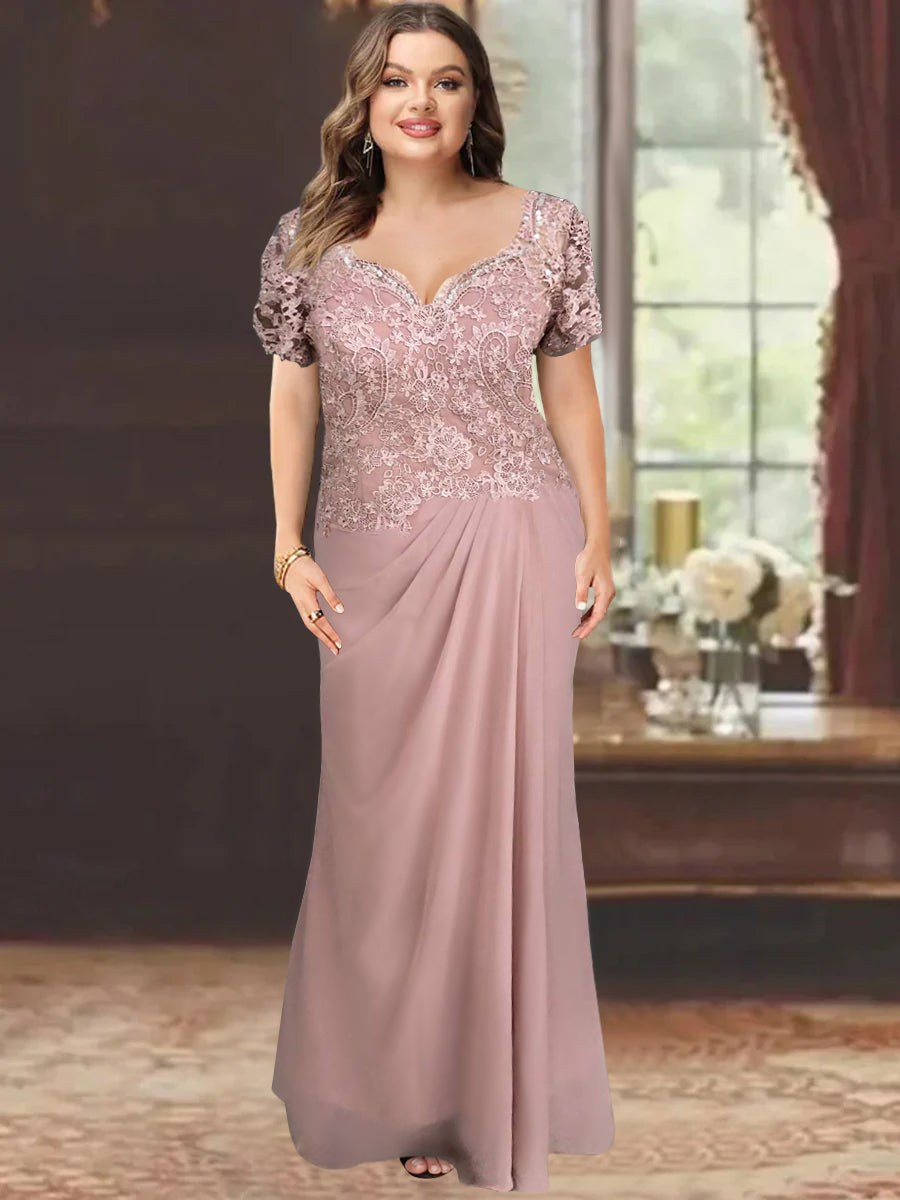Sheath/Column Sweetheart Short Sleeves Floor-Length Mother of the Bride Dresses with Appliques Lace & Sequins