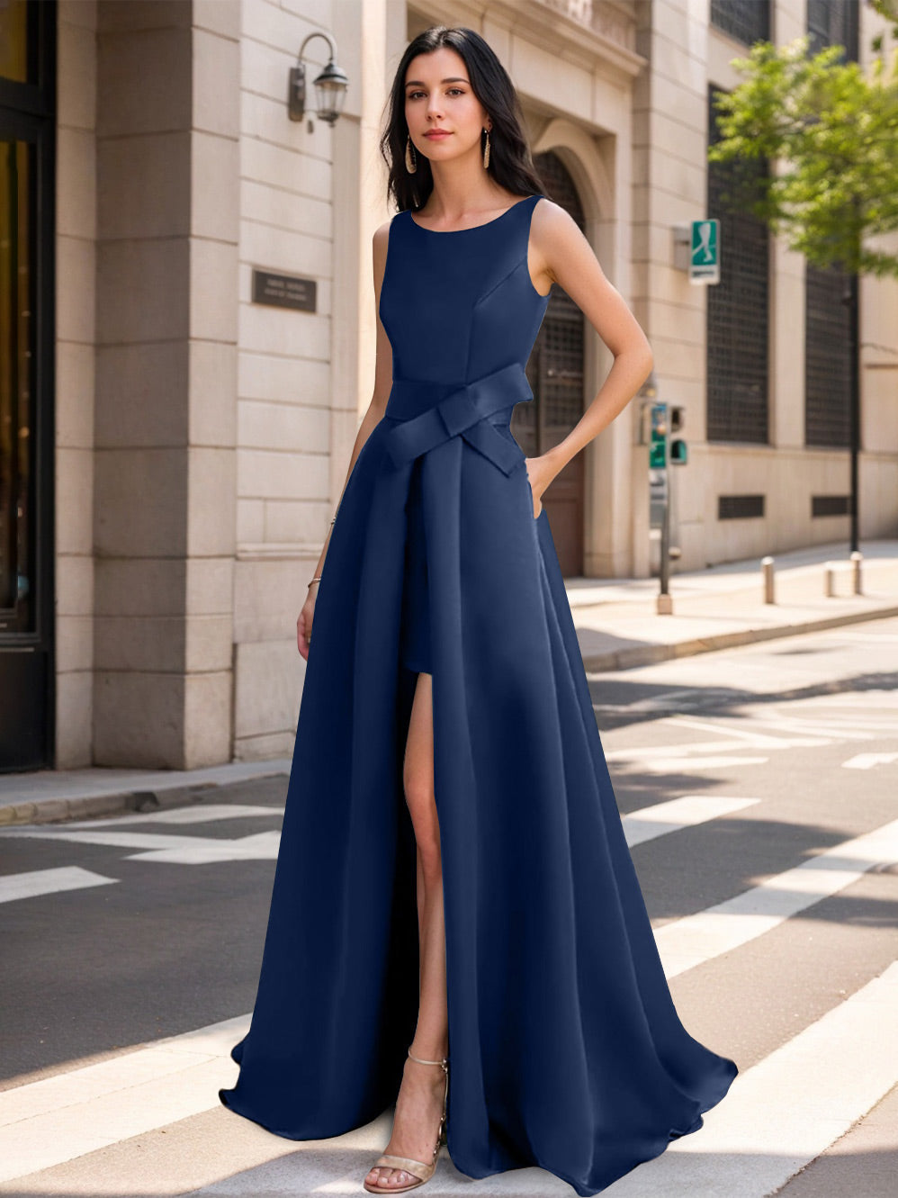 A-Line/Princess Scoop Mother of the Bride Dresses with High Split & Bow