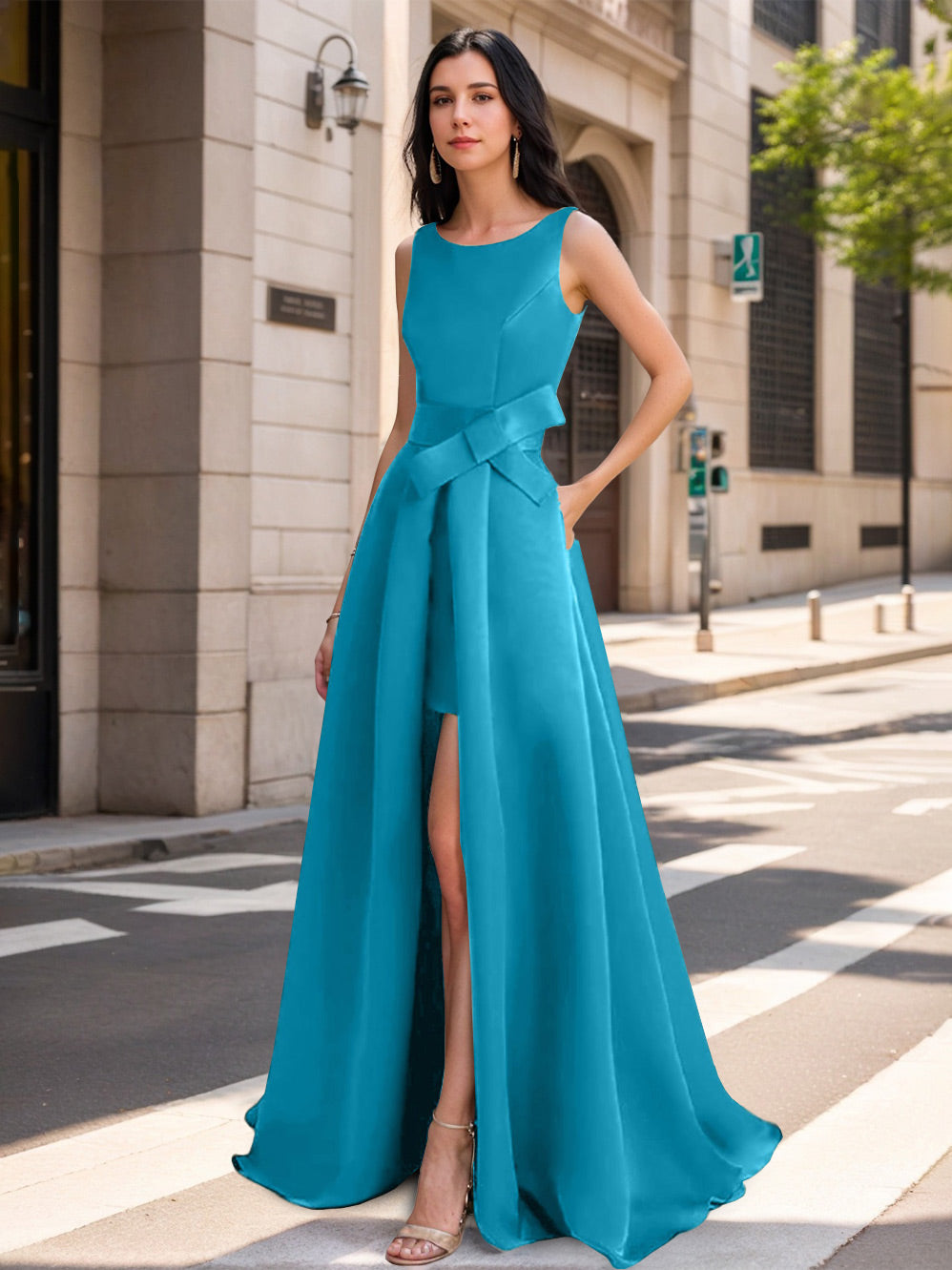 A-Line/Princess Scoop Mother of the Bride Dresses with High Split & Bow