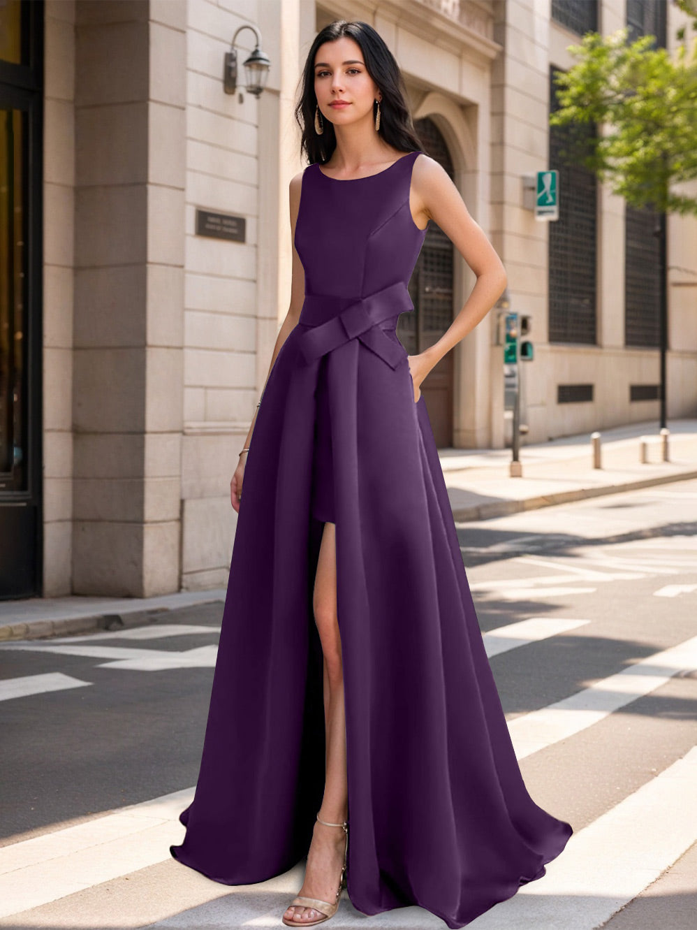 A-Line/Princess Scoop Mother of the Bride Dresses with High Split & Bow