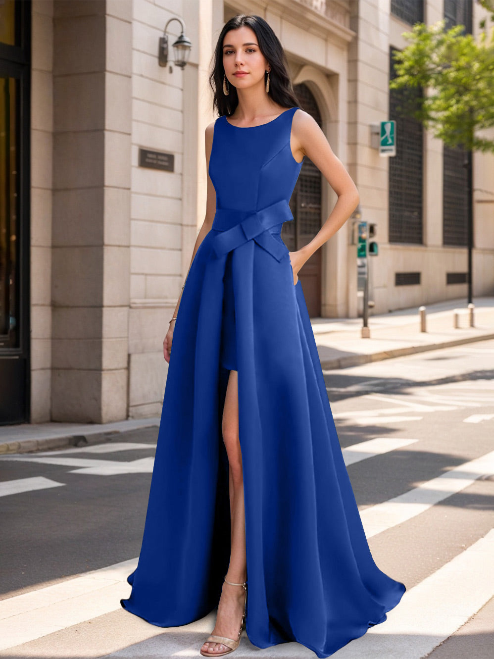 A-Line/Princess Scoop Mother of the Bride Dresses with High Split & Bow