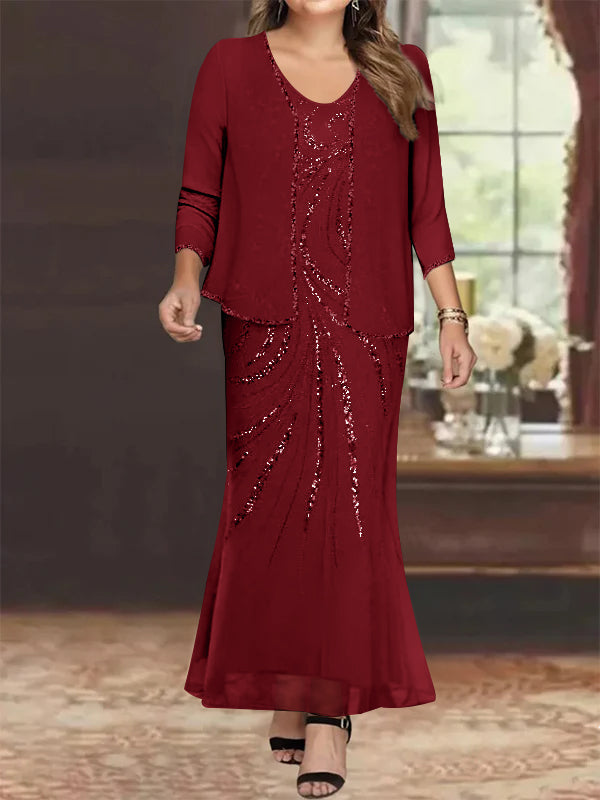 Sheath/Column V-Neck Ankle-Length Plus Size Mother of the Bride Dresses with Jacket & Sequins Beading