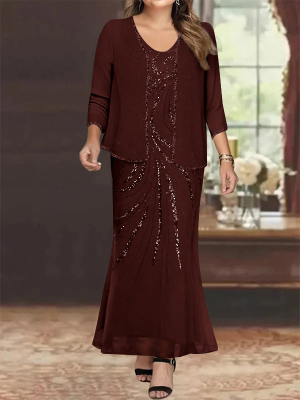 Sheath/Column V-Neck Ankle-Length Plus Size Mother of the Bride Dresses with Jacket & Sequins Beading