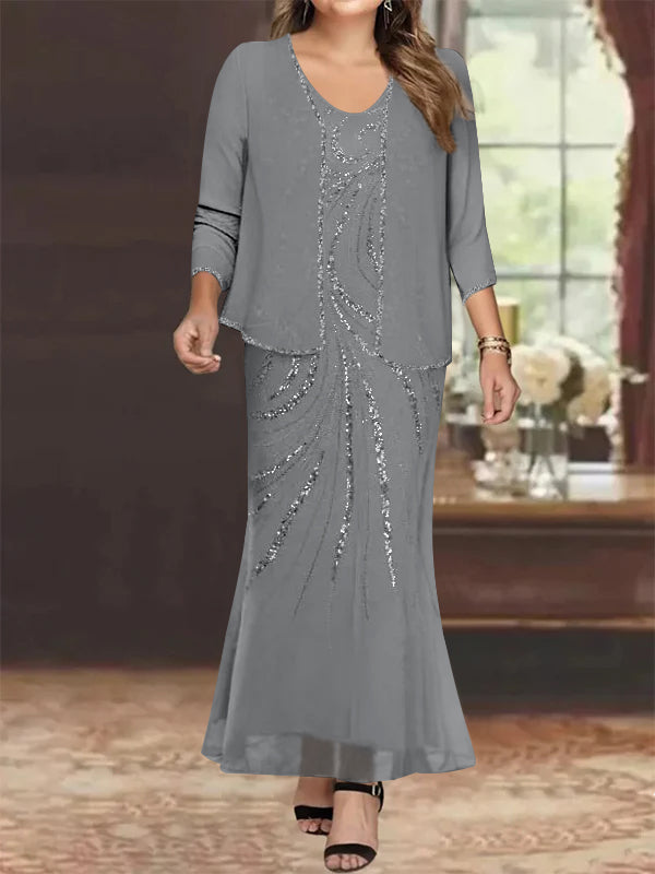 Sheath/Column V-Neck Ankle-Length Plus Size Mother of the Bride Dresses with Jacket & Sequins Beading