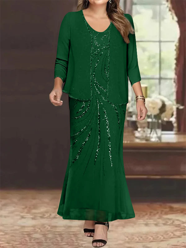 Sheath/Column V-Neck Ankle-Length Plus Size Mother of the Bride Dresses with Jacket & Sequins Beading