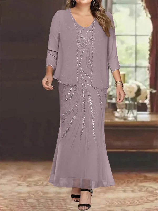 Sheath/Column V-Neck Ankle-Length Plus Size Mother of the Bride Dresses with Jacket & Sequins Beading