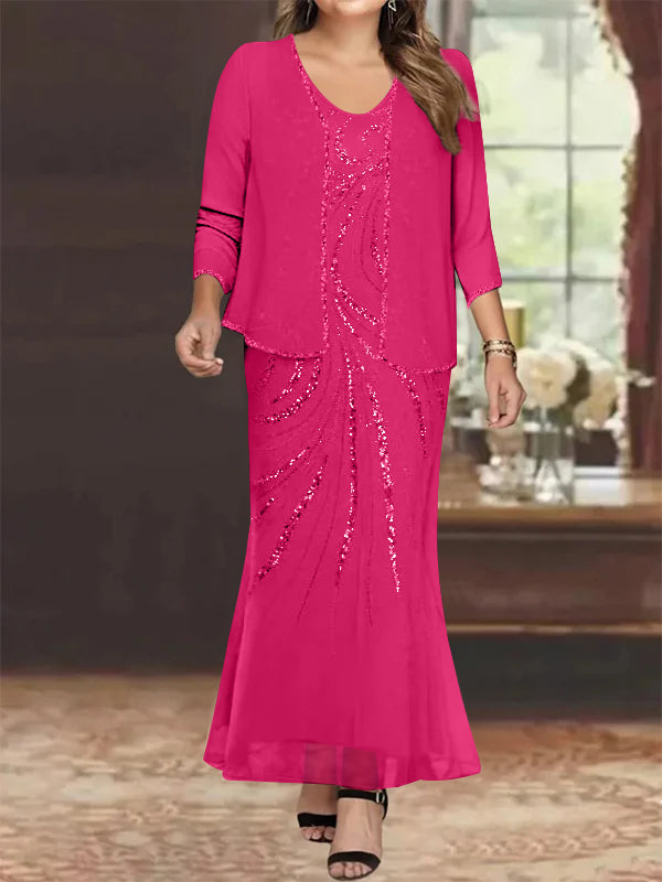 Sheath/Column V-Neck Ankle-Length Plus Size Mother of the Bride Dresses with Jacket & Sequins Beading