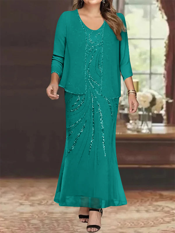 Sheath/Column V-Neck Ankle-Length Plus Size Mother of the Bride Dresses with Jacket & Sequins Beading