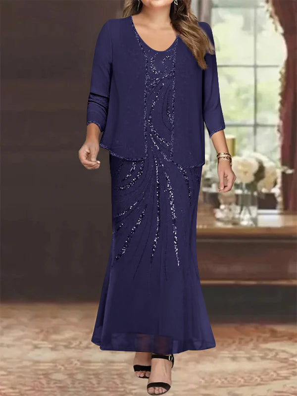 Sheath/Column V-Neck Ankle-Length Plus Size Mother of the Bride Dresses with Jacket & Sequins Beading
