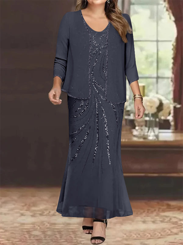 Sheath/Column V-Neck Ankle-Length Plus Size Mother of the Bride Dresses with Jacket & Sequins Beading