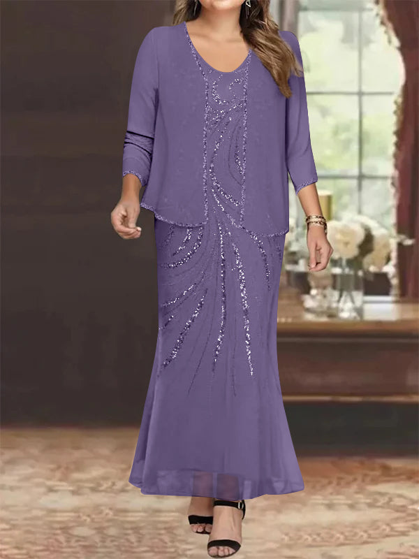 Sheath/Column V-Neck Ankle-Length Plus Size Mother of the Bride Dresses with Jacket & Sequins Beading