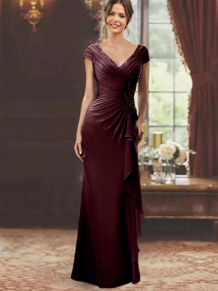 Sheath/Column V-Neck Short Sleeves Floor-Length Mother of the Bride Dresses With Ruffles & Appliques