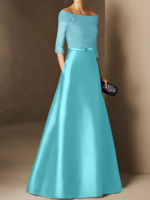 A-Line/Princess Off-the-Shoulder Short Sleeves Mother of the Bride Dresses with Belt Applique