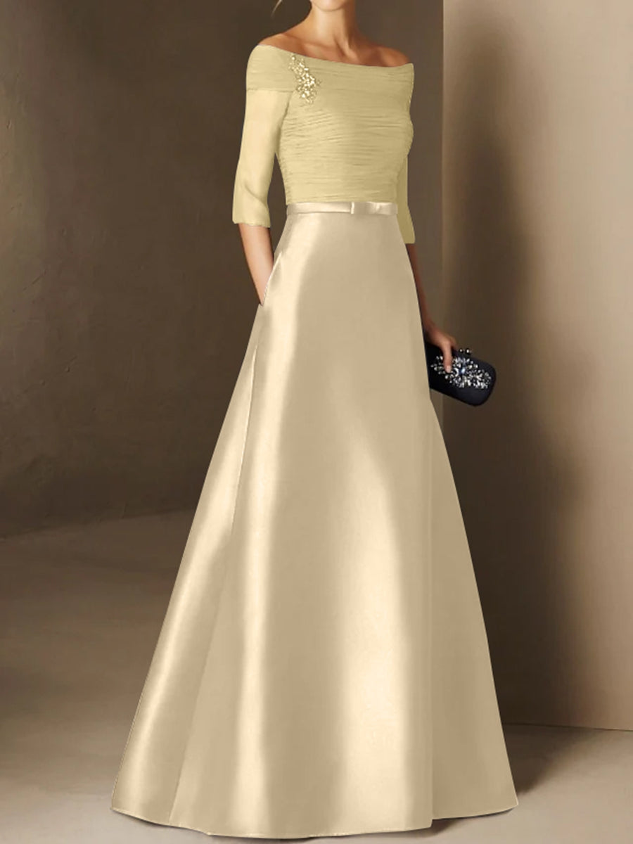 A-Line/Princess Off-the-Shoulder Short Sleeves Mother of the Bride Dresses with Belt Applique