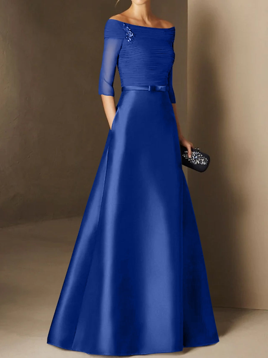 A-Line/Princess Off-the-Shoulder Short Sleeves Mother of the Bride Dresses with Belt Applique