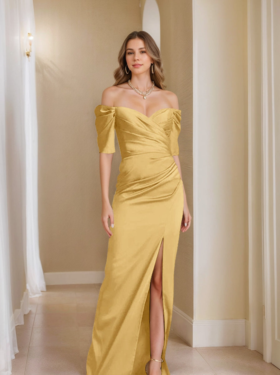 Sheath/Column Off-the-Shoulder Short Sleeves Mother of the Bride Dresses With Split Front