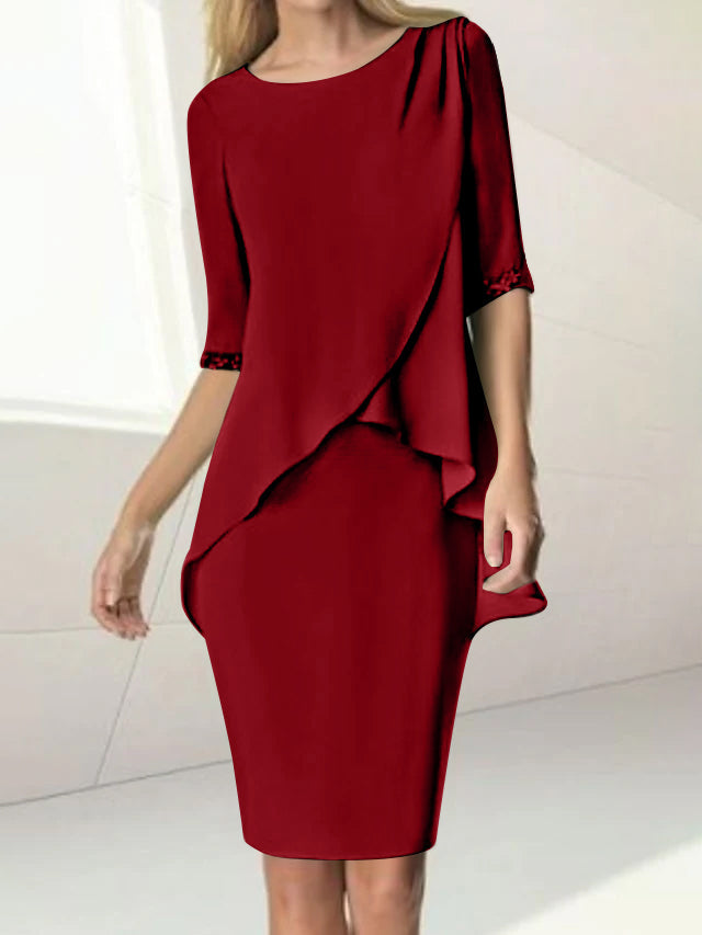 Sheath/Column Jewel Neck Knee-Length Half Sleeve Mother of the Bride Dresses with Beading Ruching