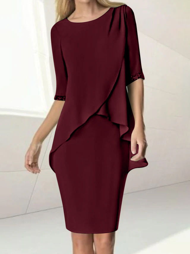 Sheath/Column Jewel Neck Knee-Length Half Sleeve Mother of the Bride Dresses with Beading Ruching