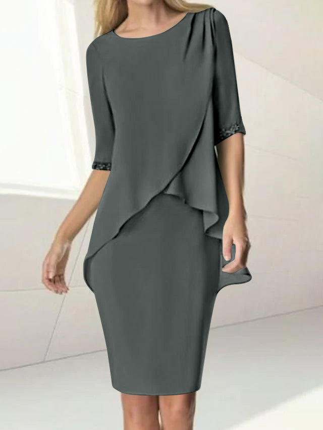 Sheath/Column Jewel Neck Knee-Length Half Sleeve Mother of the Bride Dresses with Beading Ruching