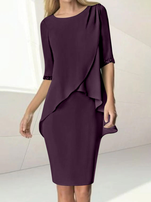 Sheath/Column Jewel Neck Knee-Length Half Sleeve Mother of the Bride Dresses with Beading Ruching