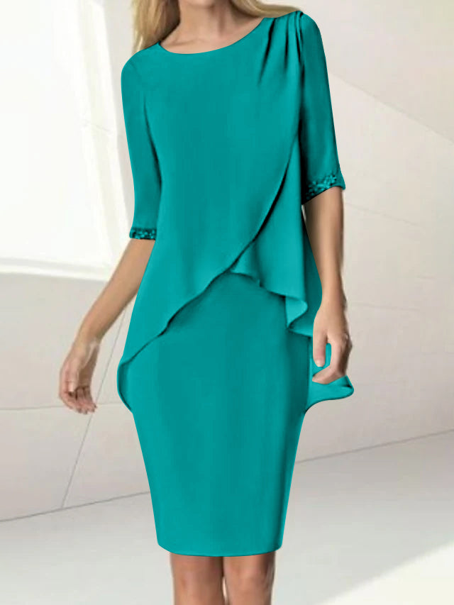 Sheath/Column Jewel Neck Knee-Length Half Sleeve Mother of the Bride Dresses with Beading Ruching