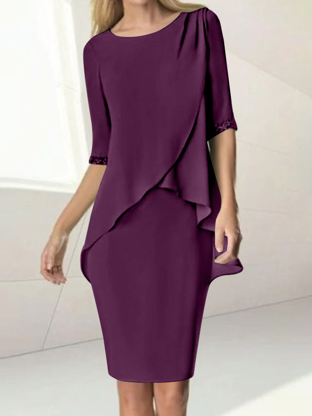 Sheath/Column Jewel Neck Knee-Length Half Sleeve Mother of the Bride Dresses with Beading Ruching