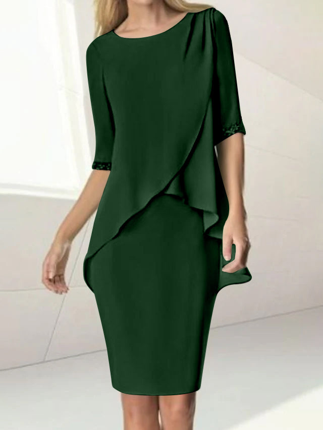 Sheath/Column Jewel Neck Knee-Length Half Sleeve Mother of the Bride Dresses with Beading Ruching