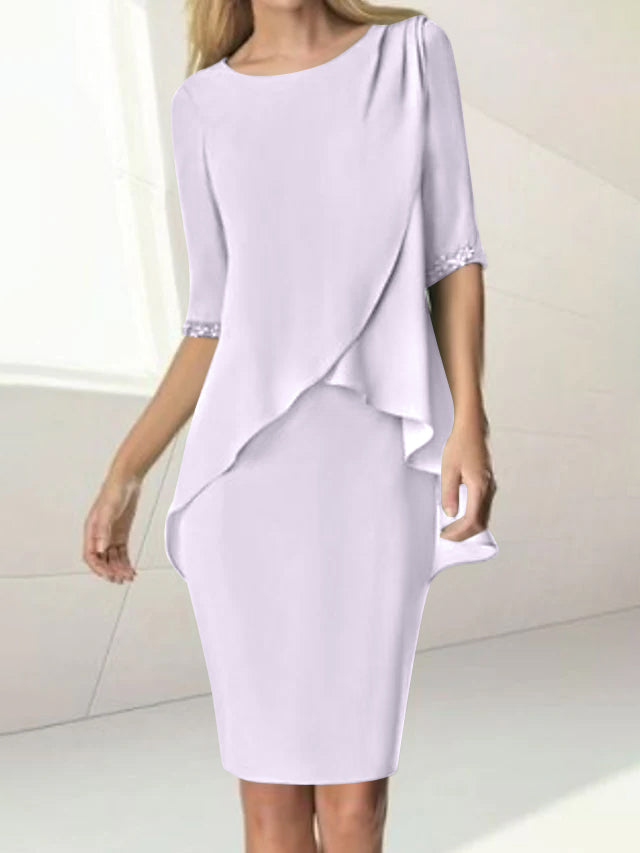 Sheath/Column Jewel Neck Knee-Length Half Sleeve Mother of the Bride Dresses with Beading Ruching