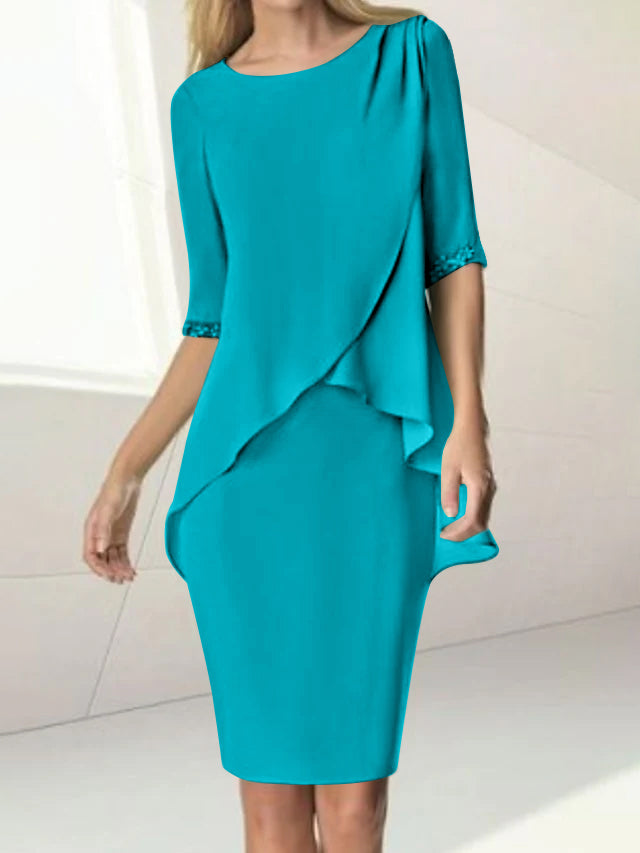 Sheath/Column Jewel Neck Knee-Length Half Sleeve Mother of the Bride Dresses with Beading Ruching