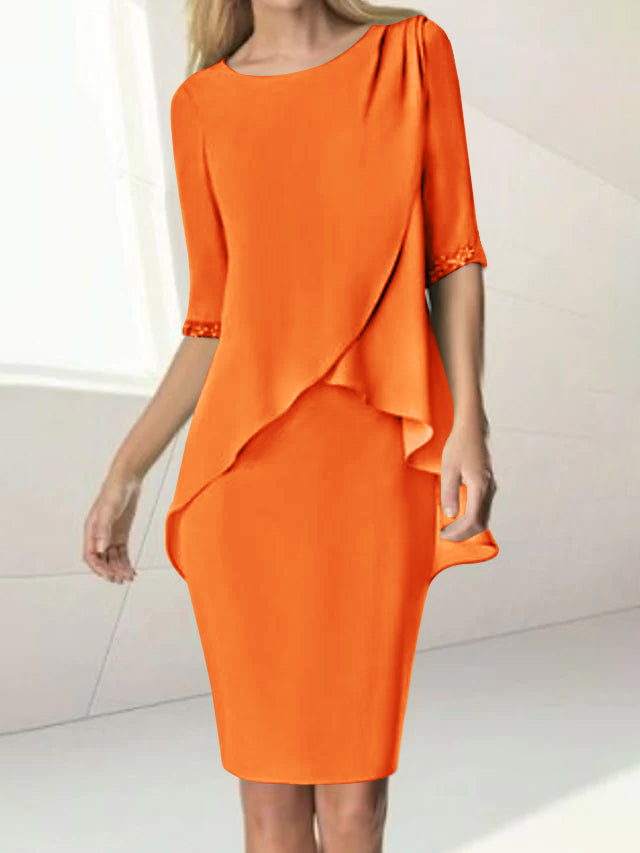 Sheath/Column Jewel Neck Knee-Length Half Sleeve Mother of the Bride Dresses with Beading Ruching