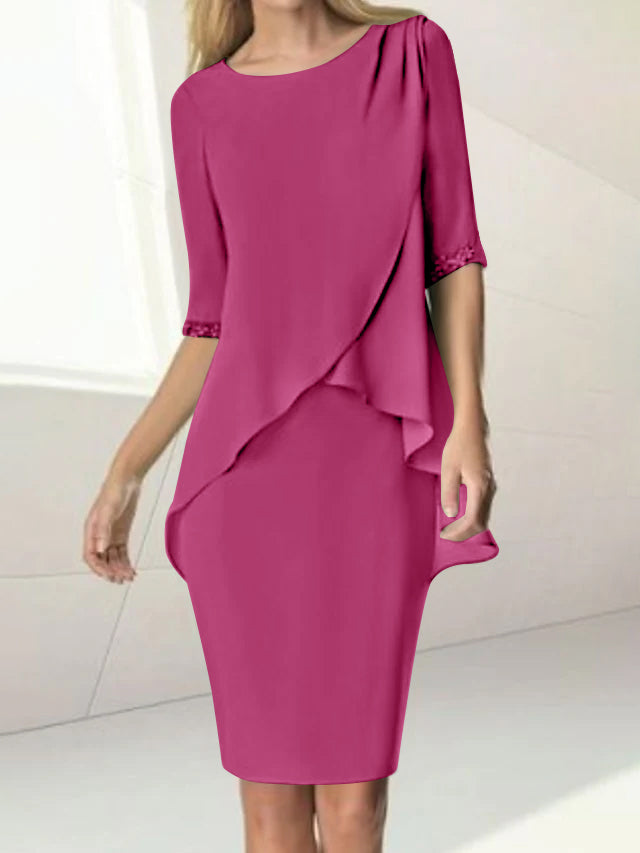 Sheath/Column Jewel Neck Knee-Length Half Sleeve Mother of the Bride Dresses with Beading Ruching