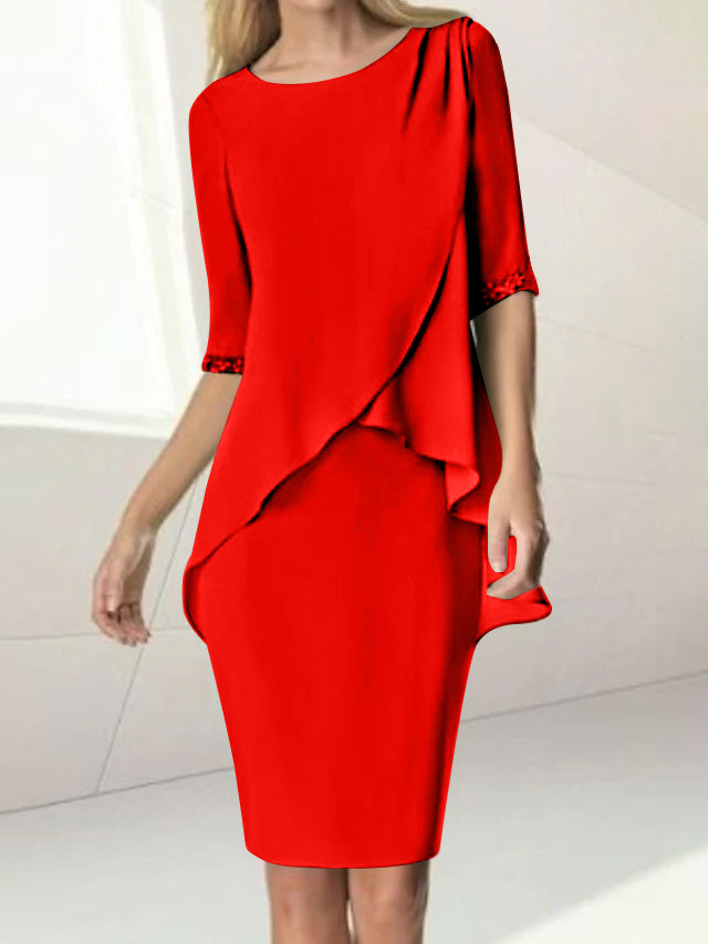 Sheath/Column Jewel Neck Knee-Length Half Sleeve Mother of the Bride Dresses with Beading Ruching