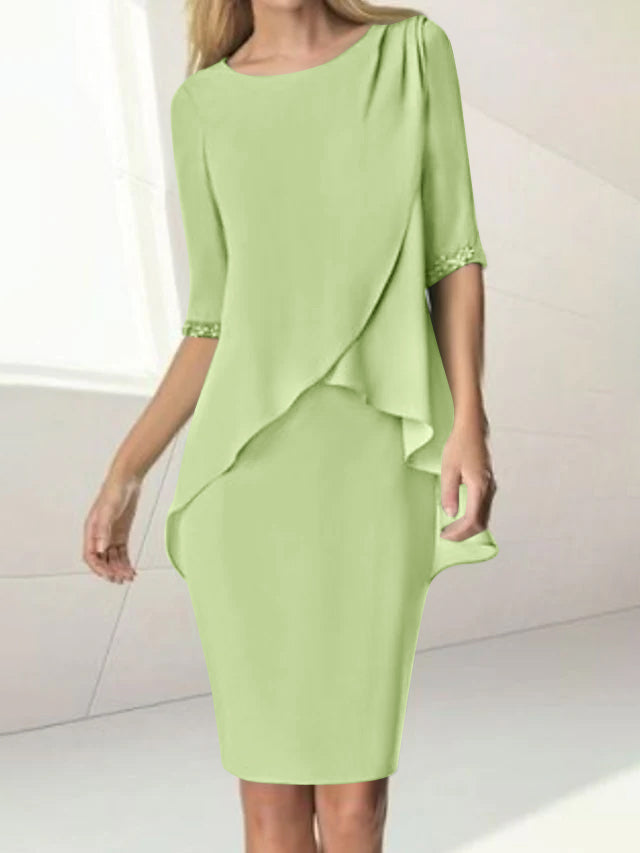 Sheath/Column Jewel Neck Knee-Length Half Sleeve Mother of the Bride Dresses with Beading Ruching