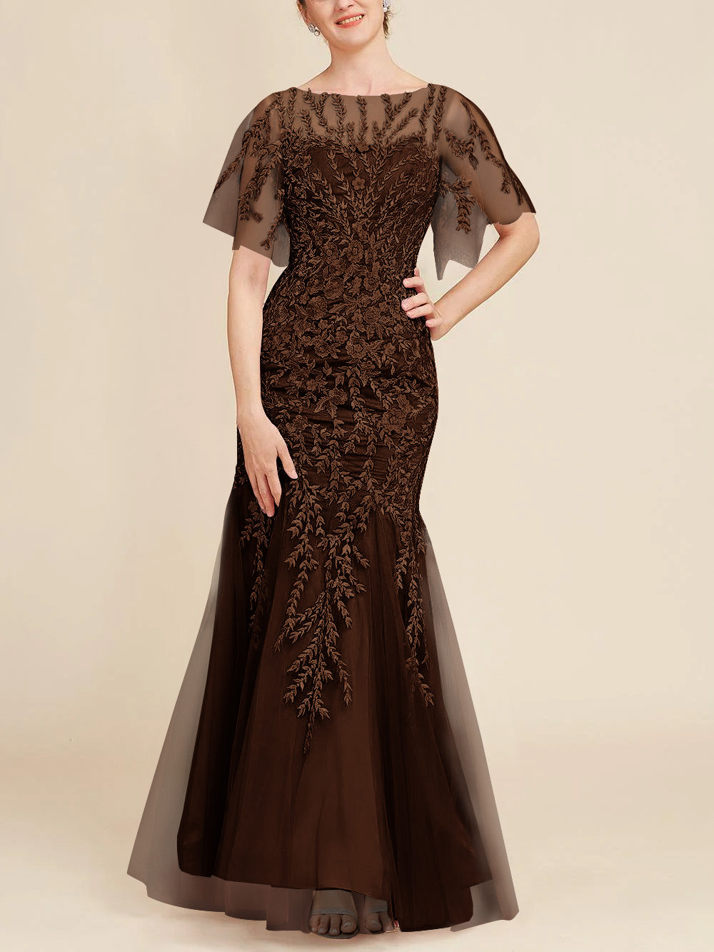 Trumpet/Mermaid Scoop Half Sleeves Floor-Length Mother of the Bride Dresses with Lace