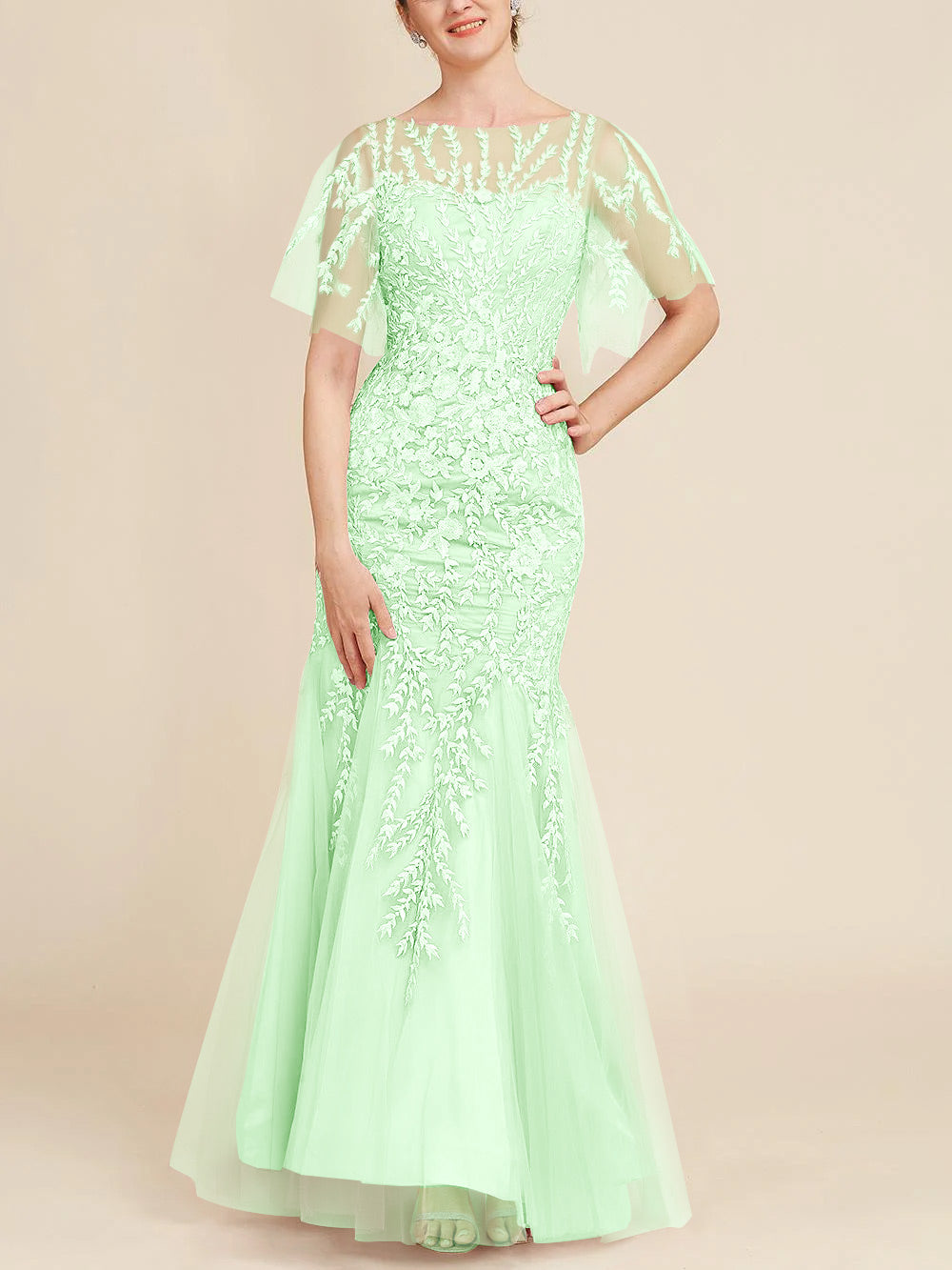 Trumpet/Mermaid Scoop Half Sleeves Floor-Length Mother of the Bride Dresses with Lace