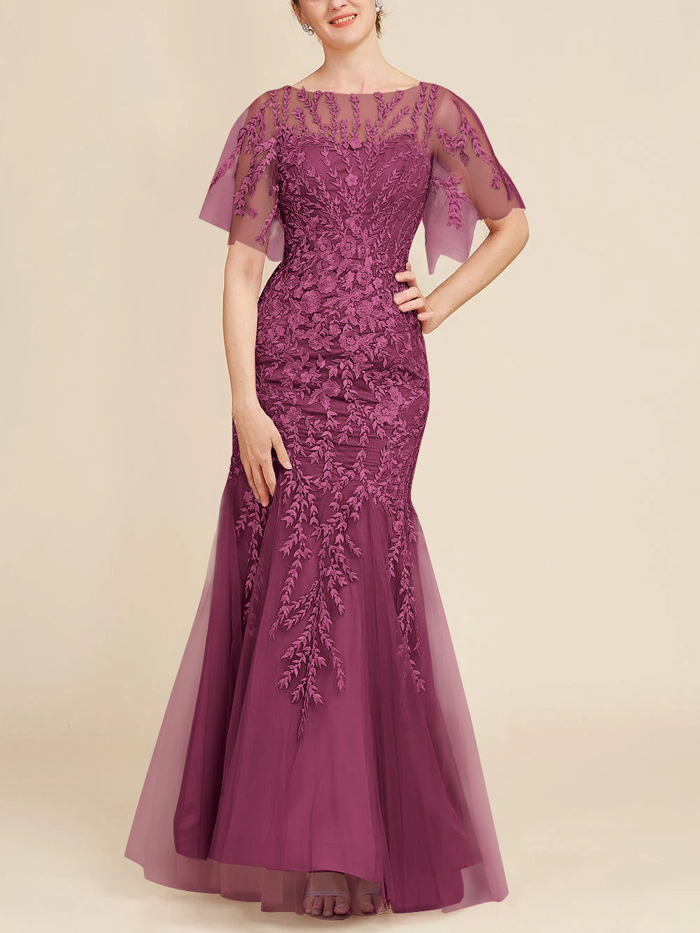 Trumpet/Mermaid Scoop Half Sleeves Floor-Length Mother of the Bride Dresses with Lace