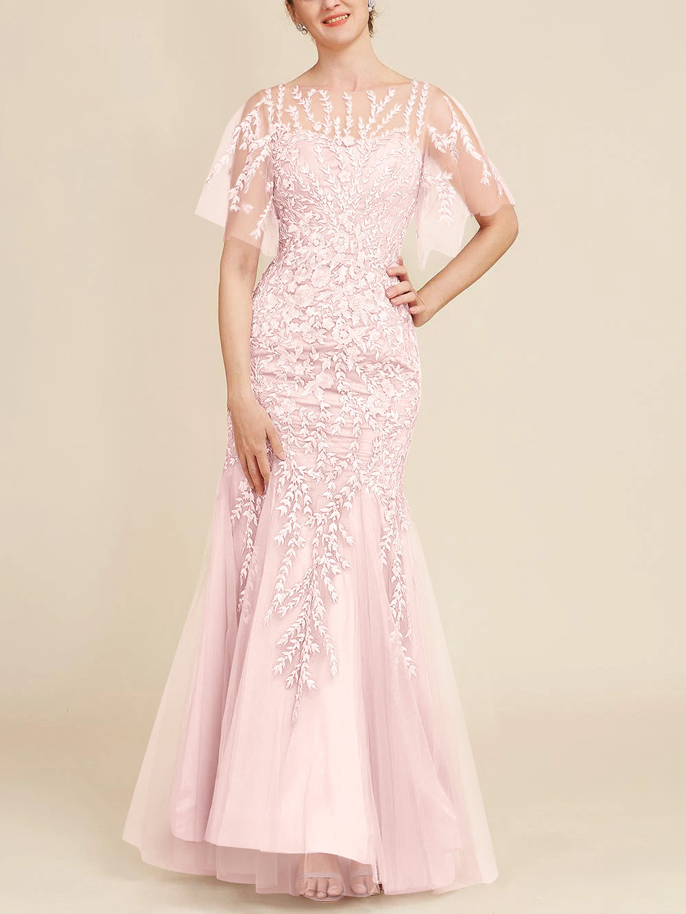Trumpet/Mermaid Scoop Half Sleeves Floor-Length Mother of the Bride Dresses with Lace